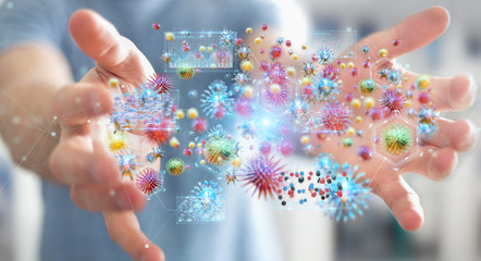 Businessman analyzing bacteria microscopic close-up 3D rendering