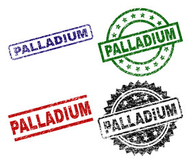 PALLADIUM seal prints with corroded texture. Black, green,red,blue vector rubber prints of PALLADIUM caption with scratched texture. Rubber seals with round, rectangle, medal shapes.