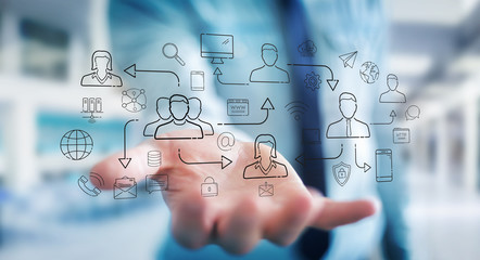 Businessman using thin line social network icons interface