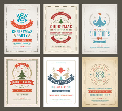 Christmas party posters design set retro typography and decoration elements.