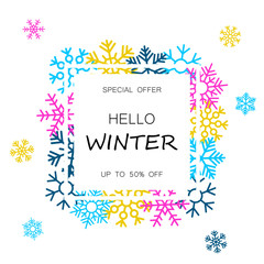 Winter sale banner with colorful snowflakes