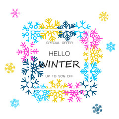 Winter sale banner with colorful snowflakes