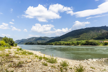 The bank of the Danube River and blue sky. Wachau valley. Austria.