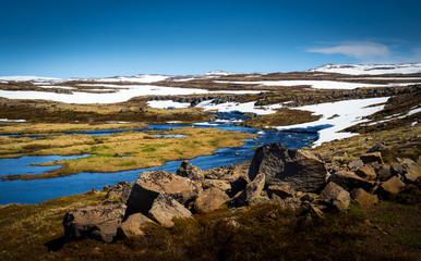 Icelandic landscape with snow mountains