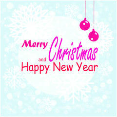 Vector postcard with a new year of christmas with a red inscription and balls, on a background of large snowflakes and snow.