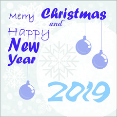 Vector greeting card with a new year of christmas, on a background of large snowflakes and snow.