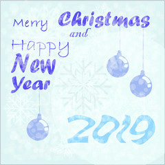 Vector greeting card with a new year of christmas, on a background of large snowflakes and snow.
