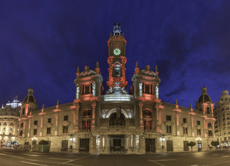 City Hall Building in Valencia, Spain Ayuntamiento wide angle, city lights lighting, night view panorama.