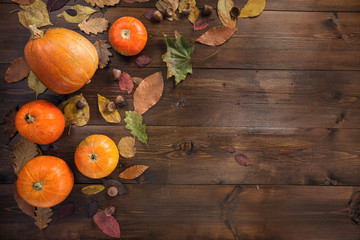 Happy Halloween! The concept of the autumn holiday, the little orange pumpkin with dry leaves lying on a brown wooden background, border, view from above