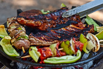 Assorted delicious grilled meat with vegetables over the coals on a barbecue