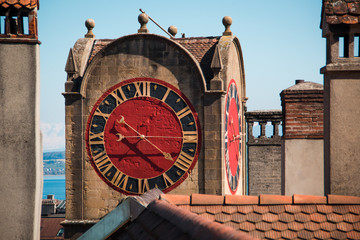 Closeup Clock of the Diesse Tower in Neuchâtel Switzerland