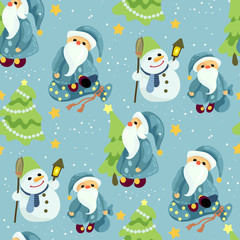 Seamless Christmas pattern in vector graphic with cute Santas and snowmen