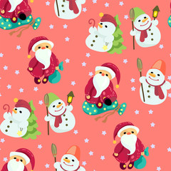 Seamless Christmas pattern in vector graphic with cute Santas and snowmen
