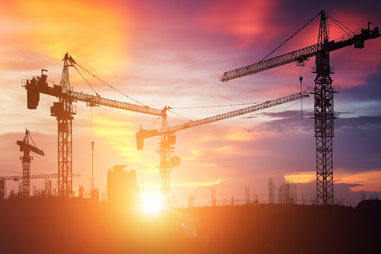 Construction cranes and buildings