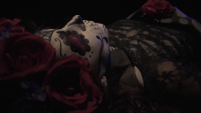 Dead bride on halloween, wreath of roses