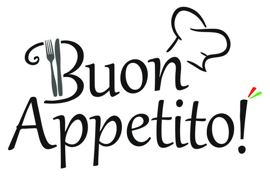 Buon Appetito Italian vector logo with chef's hat, fork and knife