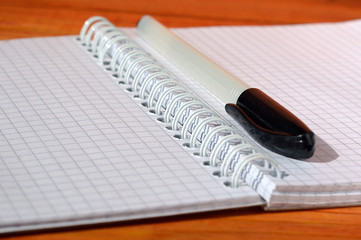 Open notebook and pen on wooden background
