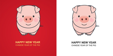 Cute pig on red and white background. Chinese New Year of the Pig.