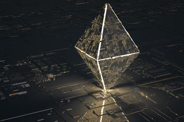 3d rendering, Circuit board and gold glow chip