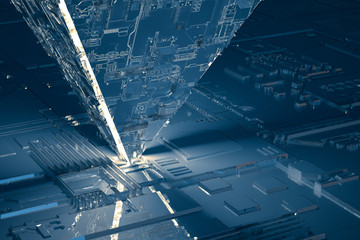 3d rendering, Circuit board and gold glow chip