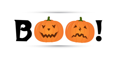 Halloween party flyer design. Stylized inscription BOO with pumpkin. Vector design template.