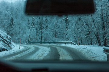 blurred dangerous snowy road cold grey mystical
