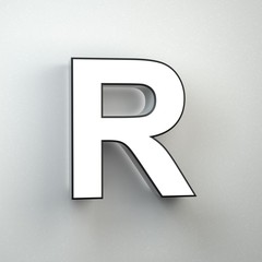 Wall sign letter R uppercase neon font isolated on white wall.