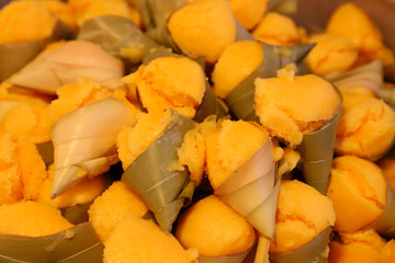 Thai traditional dessert, Toddy palm cake in sugar palm leaves.