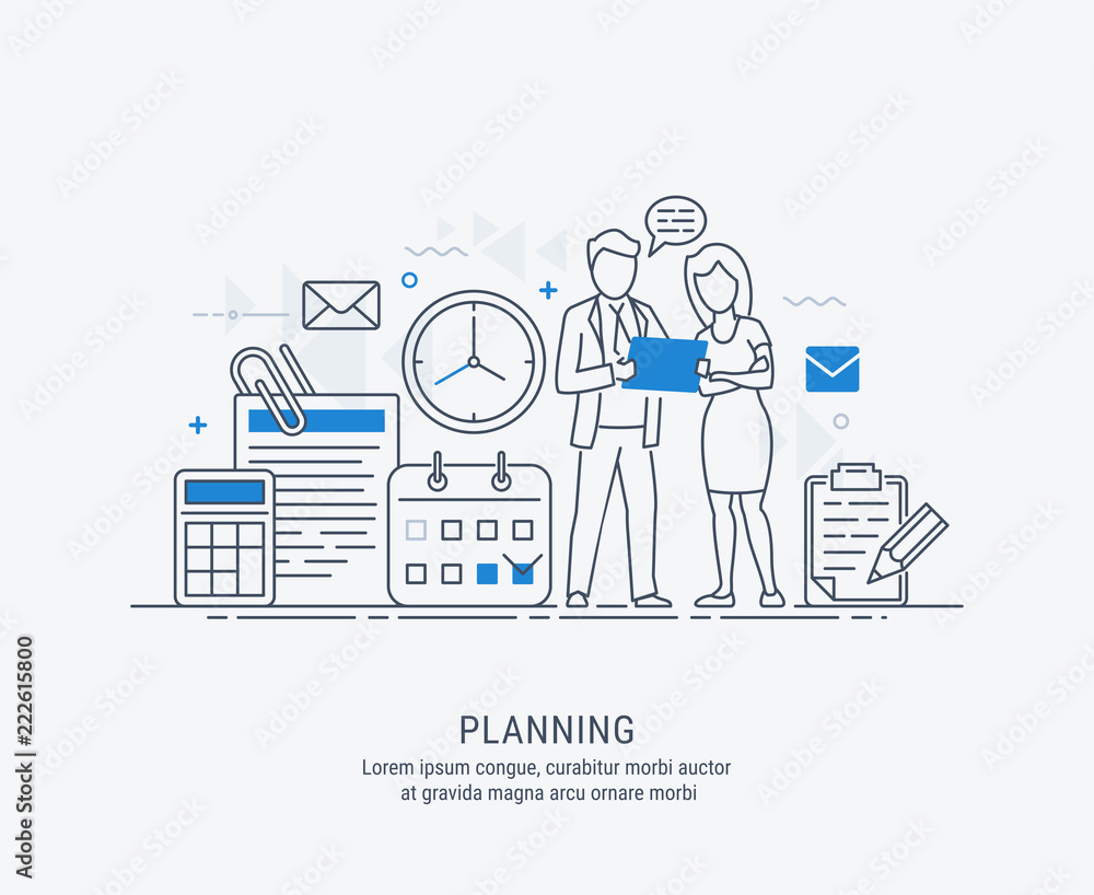 Wall mural Flat line illustration of business planning, market research, analysis, business management, strategy, finance and investment, business success. For web banners and printed materials.