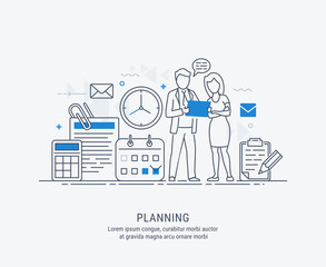 Flat line illustration of business planning, market research, analysis, business management, strategy, finance and investment, business success. For web banners and printed materials.