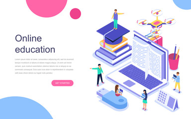 Modern flat design isometric concept of Online Education for banner and website. Landing page template. Graduation, e-learning research, college research, back to school concept. Vector illustration. - obrazy, fototapety, plakaty