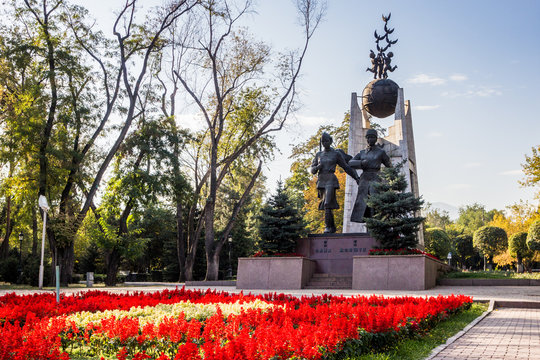 Almaty, Kazakhstan - September 15, 2018: Monument to the Heroes of the Soviet Union Aliya Moldagulova and Manshuk Mametova
