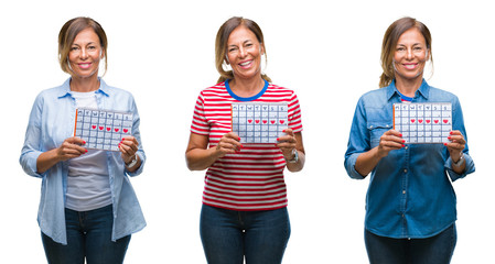 Obraz premium Collage of middle age hispanic woman holding menstruation calendar over isolated background with a happy face standing and smiling with a confident smile showing teeth