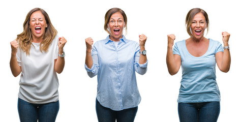 Collage of middle age hispanic woman over isolated background celebrating surprised and amazed for success with arms raised and open eyes. Winner concept.