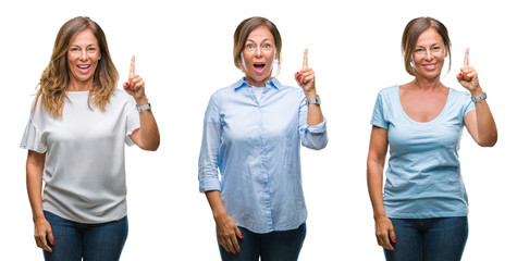 Obraz premium Collage of middle age hispanic woman over isolated background pointing finger up with successful idea. Exited and happy. Number one.