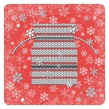 Vintage card. Knitting. Gift bag. Snowflakes background. White elements, red background, frame