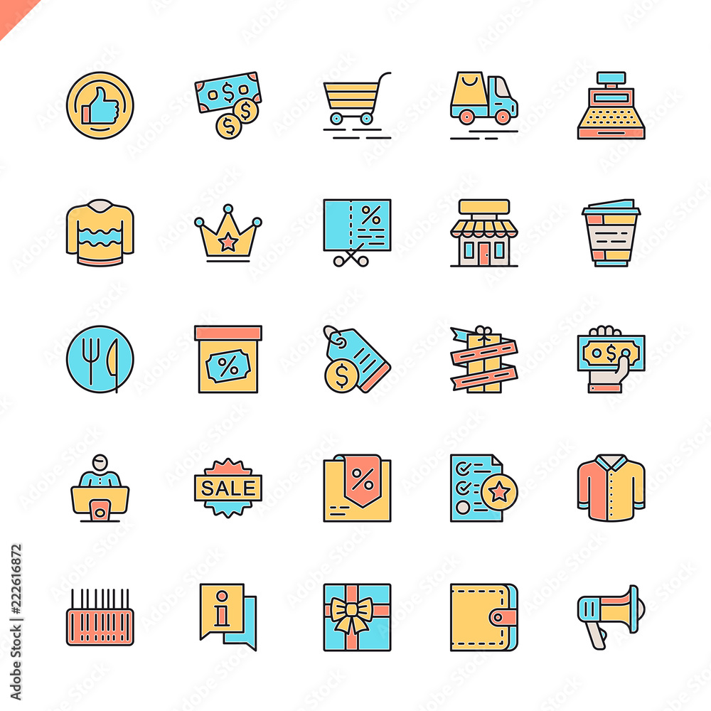 Poster Flat line shopping malls, retail icons set for website and mobile site and apps. Outline icons design. 48x48 Pixel Perfect. Linear pictogram pack. Vector illustration.