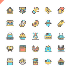 Flat line bakery shop elements icons set for website and mobile site and apps. Outline icons design. 48x48 Pixel Perfect. Linear pictogram pack. Vector illustration.