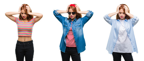 Collage of young beautiful redhead woman over isolated background suffering from headache desperate and stressed because pain and migraine. Hands on head.