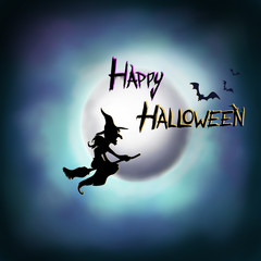 Happy halloween background. A witch is flying in front of the full moon under the happy halloween message