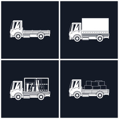 White Silhouette Small Trucks with Different Loads Isolated, Empty and Covered Trucks, Lorries with Furniture and Windows, Delivery Services, Transport Services and Logistics, Vector Illustration