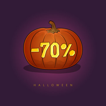 Pumpkin with a 70 Percent Discount, Halloween Sale , Banner with Discounts for the Holiday, Vector Illustration