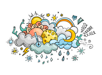 Weather cartoon vector doodle illustration. Hand-drawn colorful design elements. Banner on the theme of climate.