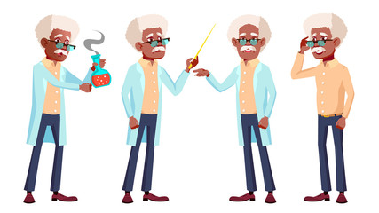 Old Man Poses Set Vector. Black. Afro American. Elderly People. Senior Person. Aged. Positive Pensioner. Web, Brochure, Poster Design. Isolated Cartoon Illustration