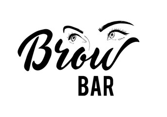 vector lettering of Brow bar text for logotype with female eyes sketch. Illustration on the glass the beauty salon.