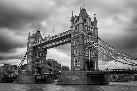 Tower Bridge and River Thames view in London, photo in black and white. © petrustan