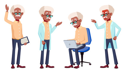 Old Man Poses Set Vector. Black. Afro American. Elderly People. Senior Person. Aged. Isolated Cartoon Illustration