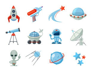 Space cartoon icons. Spaceship rocket astronaut UFO