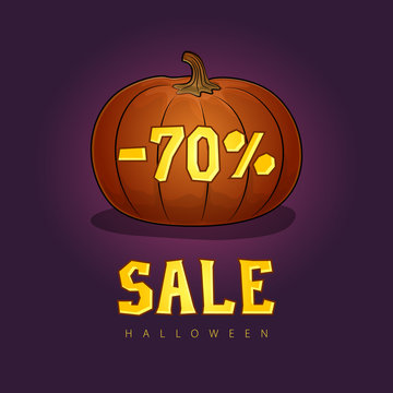 Pumpkin with a 70 Percent Discount and Text Sale, Halloween Sale, Holiday Discounts, Vector Illustration