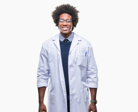 Afro american doctor scientist man over isolated background with a happy and cool smile on face. Lucky person.